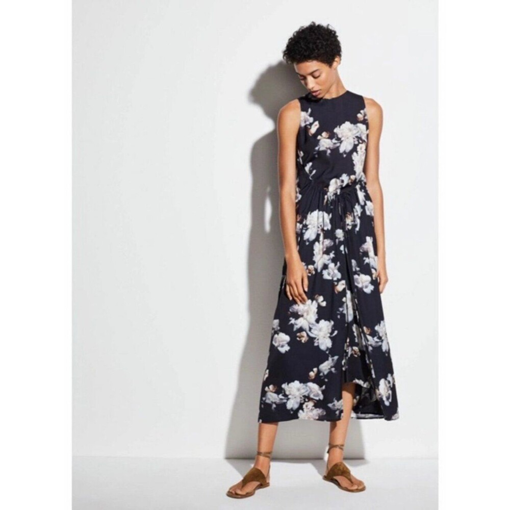 $395 Vince Black Peony Print Shirred Drawstring Midi Dress Size M